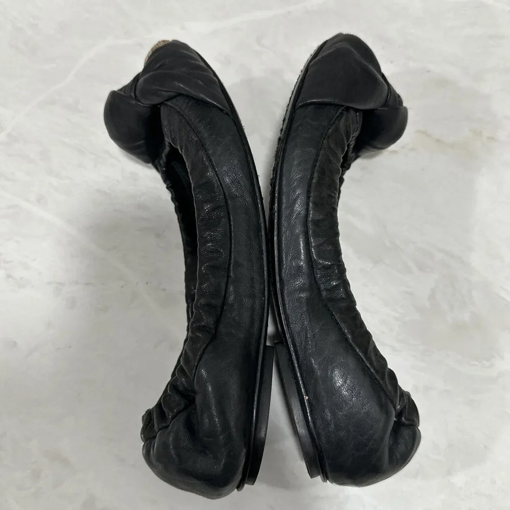TORY BURCH KATIE BLACK LEATHER GOLD GLITTER TOES BALLET FLATS,Size 7 M EUC